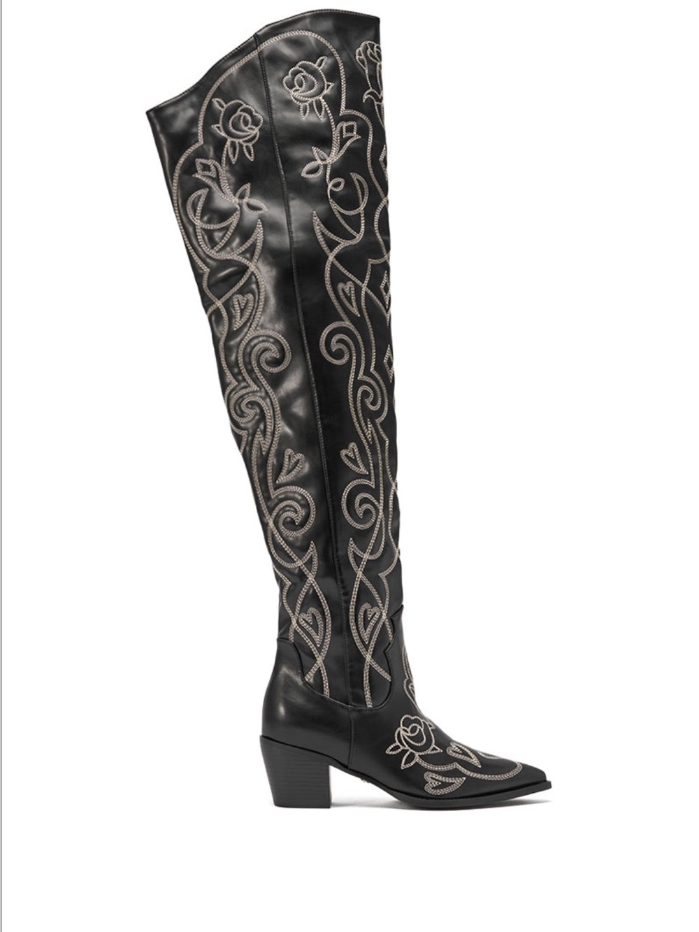 Black Embroidered Over-the-Knee Western Boot